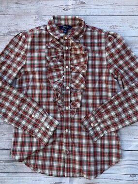 Girls Polo by Ralph Lauren Red and White Plaid Ruffle-Front Button-Down Shirt